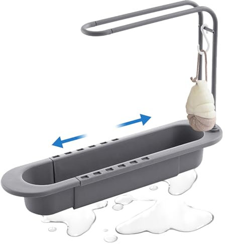 HEKOBAG Teleskop Spülbecken Organizer Kunststoff Teleskop Spülbeckenregal 36-50cm Schwammhalter Teleskop Spülbecken Aufbewahrungsregal Grau Telescopic Sink Storage Rack mit Handtuchhalter für Küche