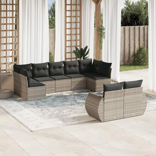 Juroupi 9-TLG. Garten-Sofagarnitur mit Kissen Gartengarnitur Lounge GartenmöBel GartenmöBel Set Lounge MöBel Outdoor Hellgrau Poly Rattan - 3221821