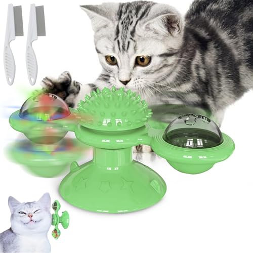 Jouet rotatif jaune pour chat, moulin à vent, jouet interactif pour chat avec ventouses, jouet amusant pour chat avec balles, jouet rotatif pour chat d'intérieur (vert)