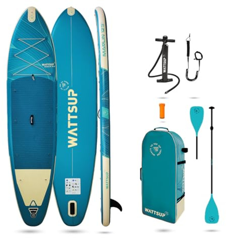 Wattsup – Uppblåsbar SUP Stand Up Paddle MARLIN 12'5 – 378x89x15 cm Dropstitch – Komplett paket: 2-i-1 paddel, Leash, Pump, Transportväska – Upp till 185 kg – Blå
