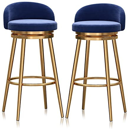 Luxuriöses Set mit 2 goldfarbenen Samt-Drehhockern, 75 cm Höhe, für Küchentheke, stilvolle blaue Samt-gepolsterte Stühle