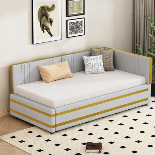 LAKFEW Polsterbett Schlafsofa 90X200 cm, Einzelbett Sofabett mit Lattenrost und Rückenlehnen, Tagesbett Gästebett, Kinderbett, Ohne Matratze, Samtstoff, Hellgrau