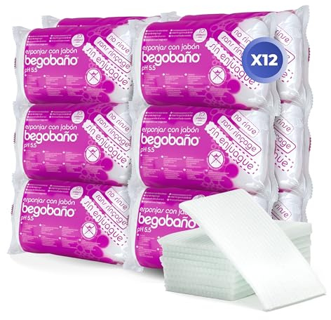 Jalsosa - Begobaño Éponge Savonneuse Jetable Sans Rinçage, Éponge de Bain à Usage Unique avec Gel Dermatologique et Hypoallergénique, Blanche, Boîte de 12 packs de 10 unités