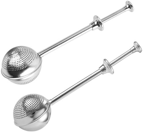 Colino a sfera da tè sfuso, con manico lungo in acciaio inox, a forma di sfera, filtro a pressione, per cottura al forno, zucchero, farina e spezie, tè sfuso