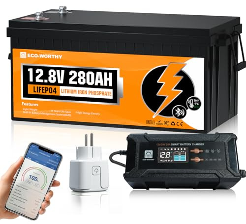 ECO-WORTHY LiFePO4 Bluetooth 12V 280Ah mit 12/24V 20A Ladegeräte und Smart WLAN Steckdose kompatibel mit Alexa, Google Home, SmartThings für Haushalt