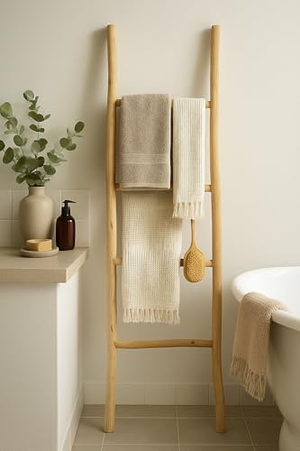 Biscottini Scaletta porta asciugamani bagno 128x32x3 - Scala Decorativa in Legno - Scaletta legno appendi asciugamani - Scala portasciugamani in Bambu - Scaletta portasciugamani da parete in Metallo
