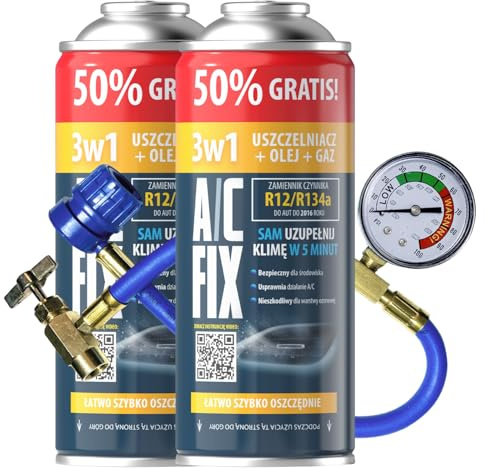 A/C FIX Recambio Gas sustituto R134a sustituto R12 3in1 con Manguera - manometro – Kit Recarga Aire Acondicionado Coche 2x235 g - Sustituto del refrigerante - Gas Aire Acondicionado Coche - Eco