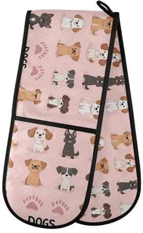 Quteprint Maniques doubles de cuisine matelassées, résistantes à la chaleur, motif chiens de dessin animé, 17,8 x 88,9 cm de long, pour pâtisserie, barbecue, barbecue et micro-ondes – Lavable en