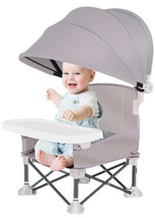 Baby Campingstuhl, Faltbar Babystuhl Sitzerhöhung,Mit Abnehmbarem Tablett Und Sonnenschirm, Tragbarer Babysitz Kinderstuhl Baby Strandstuhl Für Camping, Rasen,Picknicks,38x31x37cm