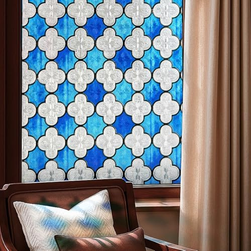 Stained Glass Window Film Privacy for Glass Windows, Window Privacy Film UV Blocking Static Cling for Home Kitchen Office Bathroom, Canglang Pavilion Blue 60X90CM