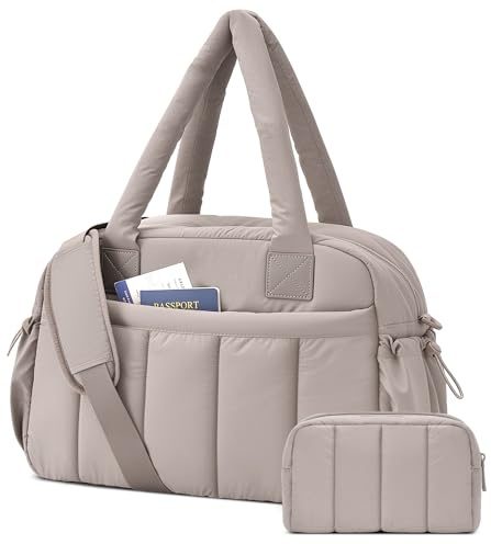 oscaurt resväska puffer sportväska 24L weekendväska dam hopvikbar handbagage väskor Travel duffle bag med PVC våt väska gymväska, Kamel, M