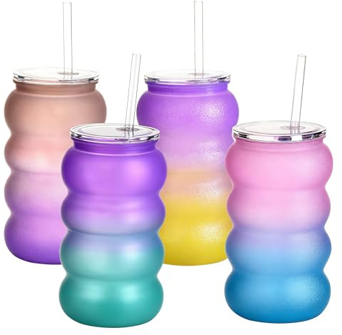 Yisituo Trinkgläser mit Deckel und Strohhalm, 4 Stück 500ml Plastikbecher Mehrweg, für Getränkepartys, Geburtstag, Cocktail, Hochzeit, Smoothie (4, Gelee mit Farbverlauf)