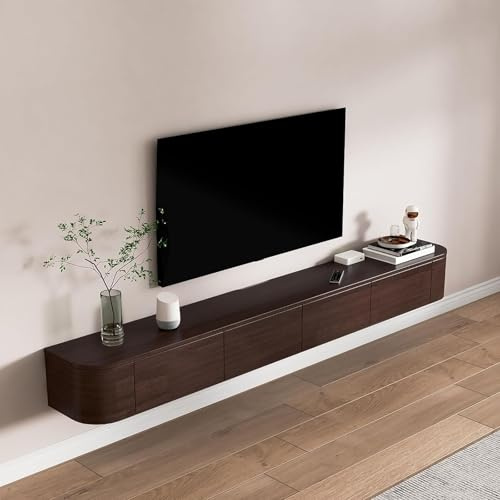 Meuble TV flottant moderne avec lumières LED - Console multimédia murale en bois massif avec tiroirs et étagères - Grande unité de divertissement pour salon (noyer, 160 cm)