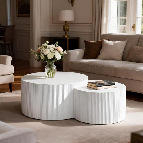 SOUWOFS White Nesting Coffee Tables Round Coffee Table Set of (White) | Modern Wooden Nesting Tables, Circle Drum Side Table, For Living Room Small Spaces, No Assembly, Ø27.56''+Ø19.69''