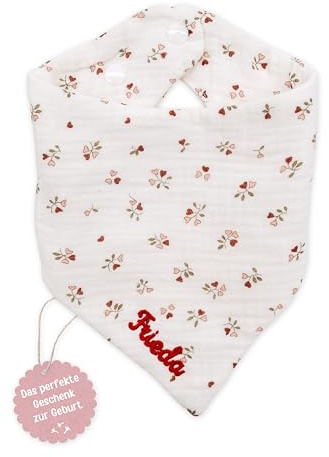 wunderwunsch Baby Halstuch, Babygeschenk, Geschenk zur Geburt, Dreieckstuch Kinder, Taufgeschenk personalisiert mit deinem Wunschnamen in 8 süßen Designs (Herz Blumen)