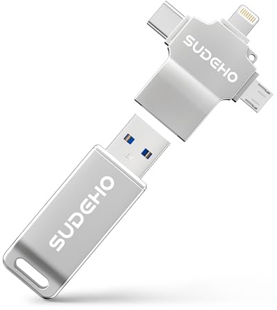 SUDEHO MFi-zertifizierter USB Stick 512 GB für iPhone, 4-in-1 Speicherstick mit USB 3.0 High-Speed, Flash-Laufwerk für iPhone/iPad/Android/PC/Mac, Backup Stick für Fotos, Videos & Musik, Silber