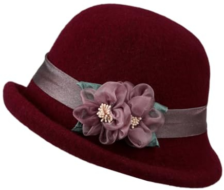 Dam 1920-talet vintage blommor uppåtvänd brätte ullfilt Cloche Fedora hatt vinter blommig klänning kyrka hinkmössa, Vinrött, one size