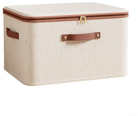 Caja de almacenamiento plegable de gran capacidad con tapa a prueba de polvo, organizador de armario para ropa y artículos del hogar, color beige, 45 x 35 x 26 cm (42 L)