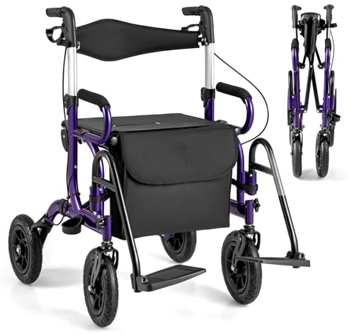 HOMASIS Déambulateurs 4 Roues Pliable Léger-Facile à plier-Siège réglable en hauteur, Fauteuil Roulant, Aides à la Marche pour Handicapés, Personnes âgées, pour Tous Types de Terrain (Violet)