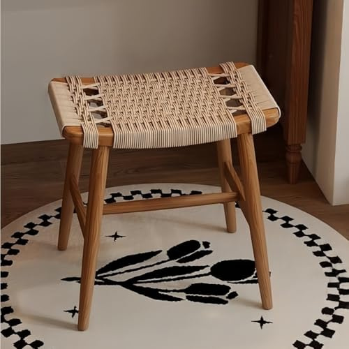 EPZBUJF Solid Wood Vanity Stool with Rope-Woven Seat, Rubberwood Dressing Table Stool, Retro Entryway Shoe-Changing Bench, Accent Stools for Living Room, Bedroom(Cherry)