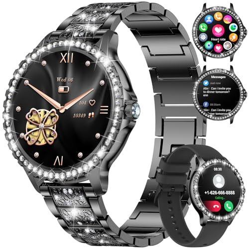 LIGE Montre connectée Femme Bluetooth Appels pour Android iOS 1,32 HD Full Touch Screen Smartwatch Diamant Noir Acier,Fréquence Cardiaque,Moniteur de Sommeil,Podomètre,Calories,100+ Mode Sport