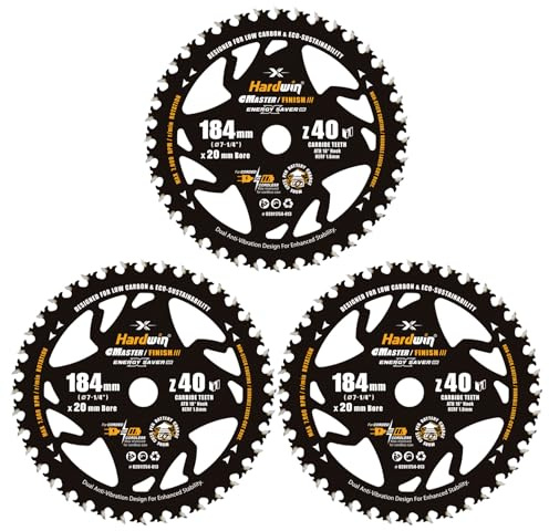 HARDWIN 3tlg. Kreissägeblätter 184x20/16mm, 40T TCT für Holz | 3 TCT-Sägeblätter mit 40 Zähnen für Holz, Sperrholz und OSB; Dünnschnitt 1,6 mm für saubere Schnitte mit Akku-Kreissägen.