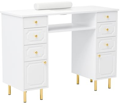 OmySalon White & Gold Accent Nail Desk for Nail Tech, Manicure Table with Electric Dust Collector, Storage Drawers & Wrist Cushion, Acetone Resistant for Salon and Home Nail Station