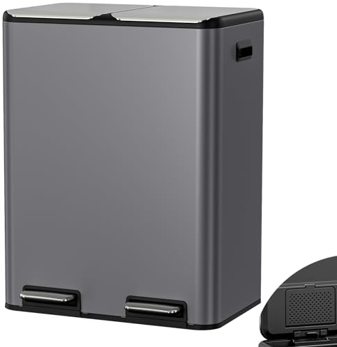 Clevich 60L Double Bin with Odor Control, (2 x 30L) Dual Kitchen Bins, Recycling Waste Bin w/Wide Pedal, Handle, Removable Inner Buckets, Soft-Close Lid, Airtight Design, for Home Office(Grey)