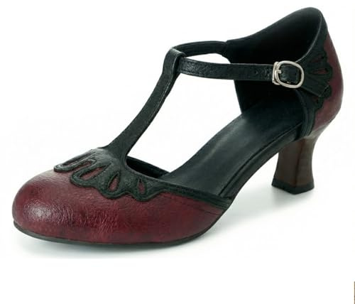 Pumps Mary Jane vintage T-rem klack trigger rund tå tvåfärgad brogue utskärningar klänning skor retro åskådare domstol klackar för fest och vintagekläder, Vinröd, 48 EU