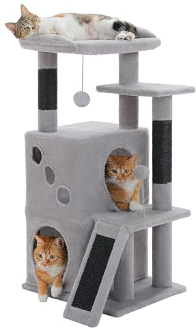 PETEPELA Kratzbaum für Katzen, 88 cm, Kleine Katzenhöhle mit Kratzpfosten, 2 Kuschelhöhlen, Kratzrampe & Hängespielzeug, Katzen-Spielhaus für Mehrkatzenhaushalte, Schwarz