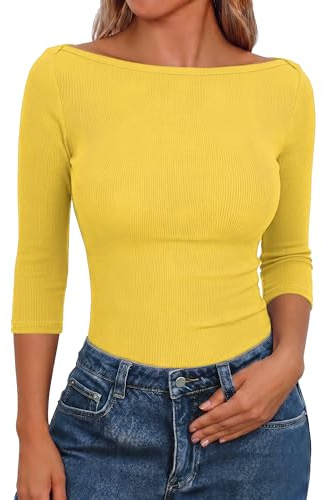 Aottori T Shirts Women UK 3/4 Sleeve Summer Tops Boat Neck Ribbed Tee Shirt Ladies Stretch Fitted Basic Tunic Top Casual Solid