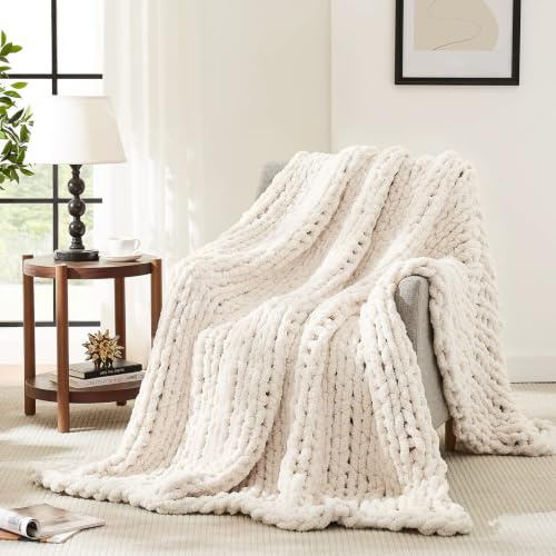 L'AGRATY Chunky-Strickdecke Elfenbein (200x220 cm), Weiche Chenille-Garn Wurfdecke, Handgemachte Zopfstrick-Decke, Kuschelige Häkeldecke für Sofa, Bett & Wohnkultur