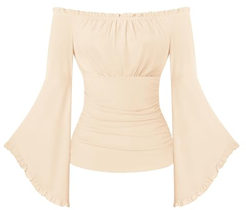 SCARLET DARKNESS Renaissance Pirate Wrap Top Women Off the Shoulder Flare Sleeve Blouse Medieval Gothic Halloween Costume Apricot XL