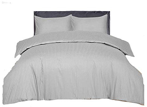 AR Textile 5 Star Hotel Quality 100% Egyptian Cotton Satin Stripe Duvet Cover Set With Pillowcases in White & Cream Colour (King, Grey)