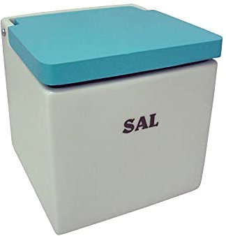 SALERO SAL CUADRADO PORCELANA BLANCO LETRERO SAL BISAGRA TAPA MADERA AZUL