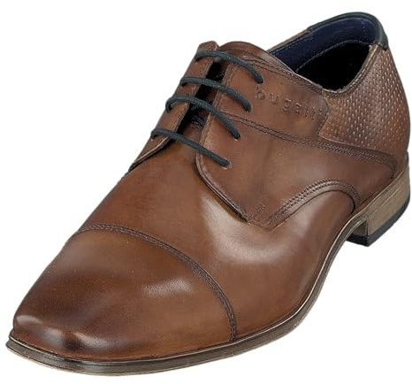 bugatti Business Halbschuh aus echtem Glattleder, Derby mit Querkappe und geprägtem Schaft, Cognac, 48 EU