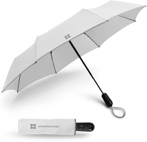 Weatherman Premium Small Compact Mini Umbrella for Travel - Windproof, Compact, Easy Auto Open - Resists Up to 45 MPH Winds - Perfect for Rain, Wind, Backpack, Car - Folding Umbrella, Strong Fiberglass Frame (White)