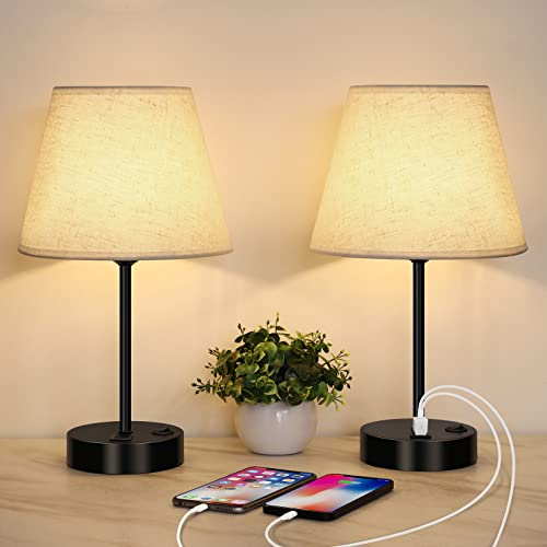 LIANTRAL Bedside Lamps Set of 2, Modern Table Lamp with USB Charging Ports | Button Switch, Nightstand lamp with Metal Base & Linen Fabric Shade for Bedroom Living Room Decoration, Creamy/Black