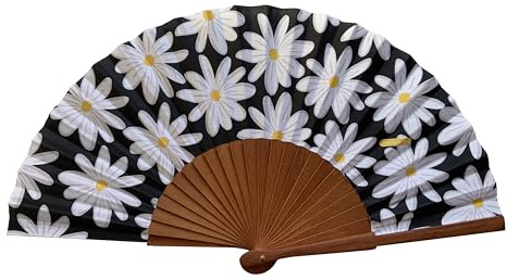 Spanischer Handfächer Marga – Holz und Baumwolle – 23 cm – Jute-Hülle und -Bezug – Modeaccessoire – Handgefertigt in Spanien – Events und Geschenke – Blumenkollektion – Tusitala Barcelona