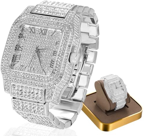 Halukakah Moissanit-Diamant Uhr für Männer – THE Kingdom - 18k Echtgold/Platin Weißgold Plattiert,Schweizer Quarz Römische Ziffern Quadratisches Zifferblatt,22cm Armband,Optional mit Cuban-Link Kette