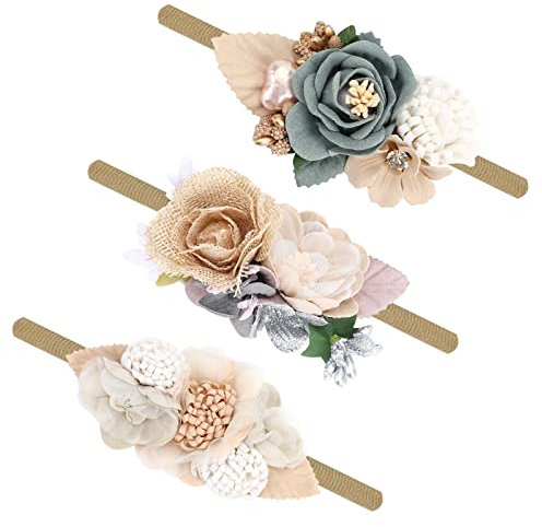 DRESHOW 3 Stück Baby Mädchen Nylon Stirnbänder Blume Elastisches Haarband Schleifen Haarschmuck für Neugeborene Kleinkinder