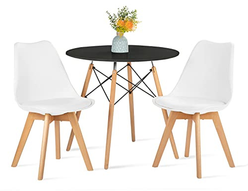 FURNITABLE Tisch und Stühle Set, Essgruppe Schwarz Tisch mit 2 Weißer Stühlen für Küche Esszimmer Büro