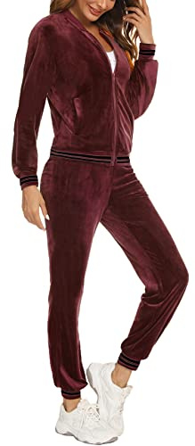Enjyam Träningsdräkter Kvinnor Chandal Full Sportig Hoodie T-shirt Långärmad och Byxor Casual Yoga Löpning Fitness Sportkläder med Randig 2 stycken, Vinröd B, XXL