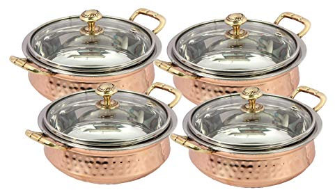 Aakrati HANDICRAFT Pack of 4 Indian hammered copper stainless steel serving bowl for food soup with handle and glass lid decorative seveware Size -6 Inch