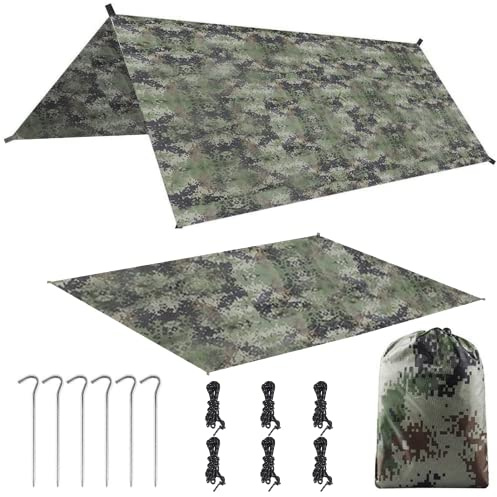 Camping Tent Tarp 3 * 3m Waterproof Windproof Hammock Rain Fly Tent Tarp Portable Tarpaulin Shelter Sunshade Canopy (Including a Tent Mat), for Outdoor Fishing Camping Hiking (Camouflage)
