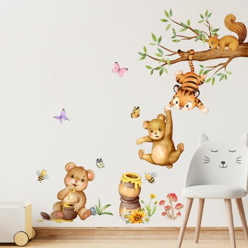 Supzone Wandtattoo Kinderzimmer Waldtiere Bär Wandaufkleber | Baum Tiger Waldmotiv Wandsticker für Kinderzimmer Babyzimmer Schlafzimmer Wanddeko