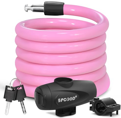 SPGOOD Lucchetto Antifurto Catena Bici 120cm/12mm, Livello di Sicurezza Molto Alto, Serratura Cavo Spirale con 2 Chiavi, per Triciclo, Moto, Scooter, Carriera(Rosa)