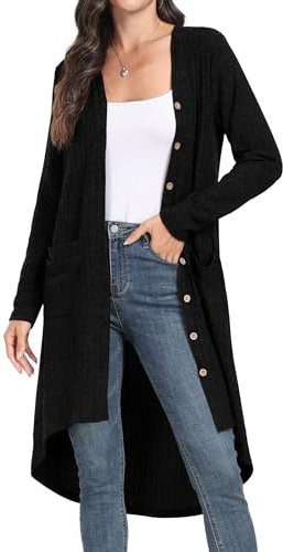 GRECERELLE Cardigan Lungo da Donna Cardigan Elegante a Manica Lunga Laterale con Bottoni e Tasche (Nero, L)