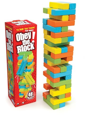 Outset Media Obey The Block - Traditional Wooden Tumbling Tower Block Game, Family Fun for Kids and Adults, Classic Children's Stacking Game that Promotes Speed, Reaction and Tactics