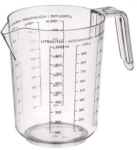 Jarra Medidor de gran tamaño hasta 1 litro | Vaso medidor de Plástico duradero con diferentes marcas de escala para líquidos, azúcar o harina | Capacidad de 1000ml o 1000g